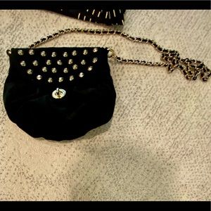 REBECCA MINKOFF BLACK SUEDE CROSSBODY BAG WITH GOLD STUDS AND CHAIN